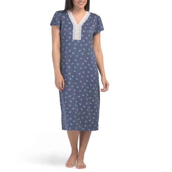 MISS ELAINE Blue Short Sleeve V-neck Floral Nightgown - Picture 1 of 2